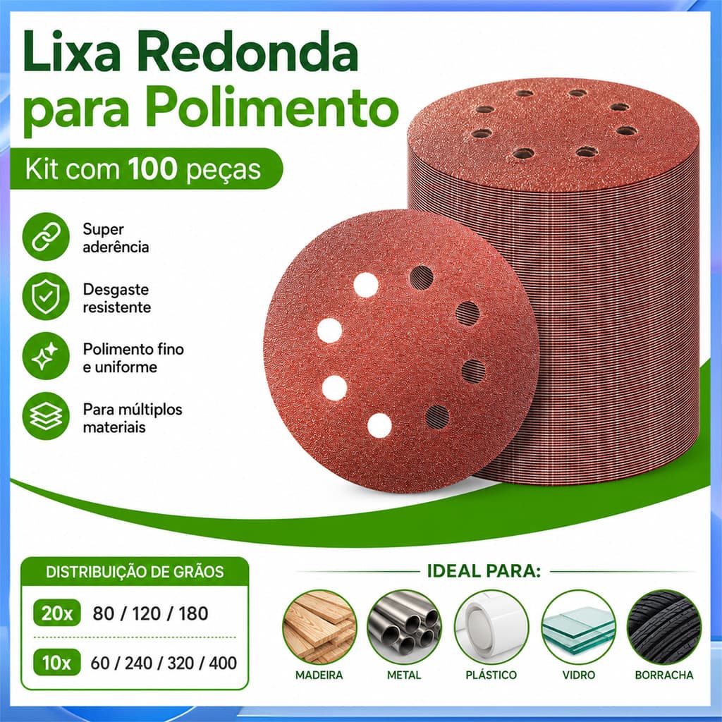 Lixa flocada redonda com 8 furos, 100 peças, folha de lixa de disco de polimento multimalha