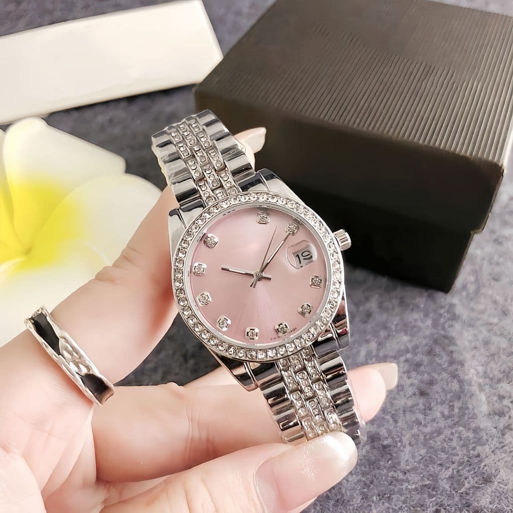 Relógio feminino moderno unissex redondo cravejado de diamantes mostrador grande relógio feminino pulseira de aço relógi