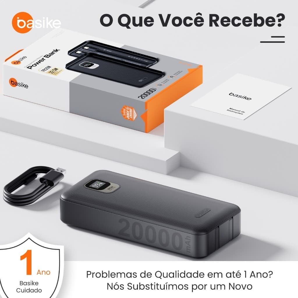 Power Bank BASIKE 20000mAh 22.5W Carregamento Rápido com Cabo Embutido Tipo C e iPhone