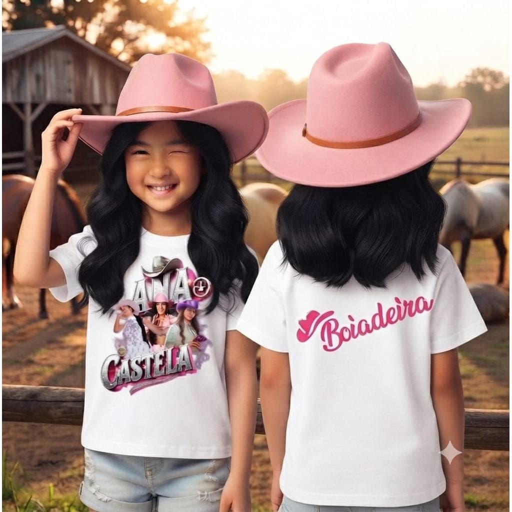 Camiseta Infantil Feminina Kids Moda Cowntry Ana Boiadeira Chapéu Música Tecido 100% Algodão