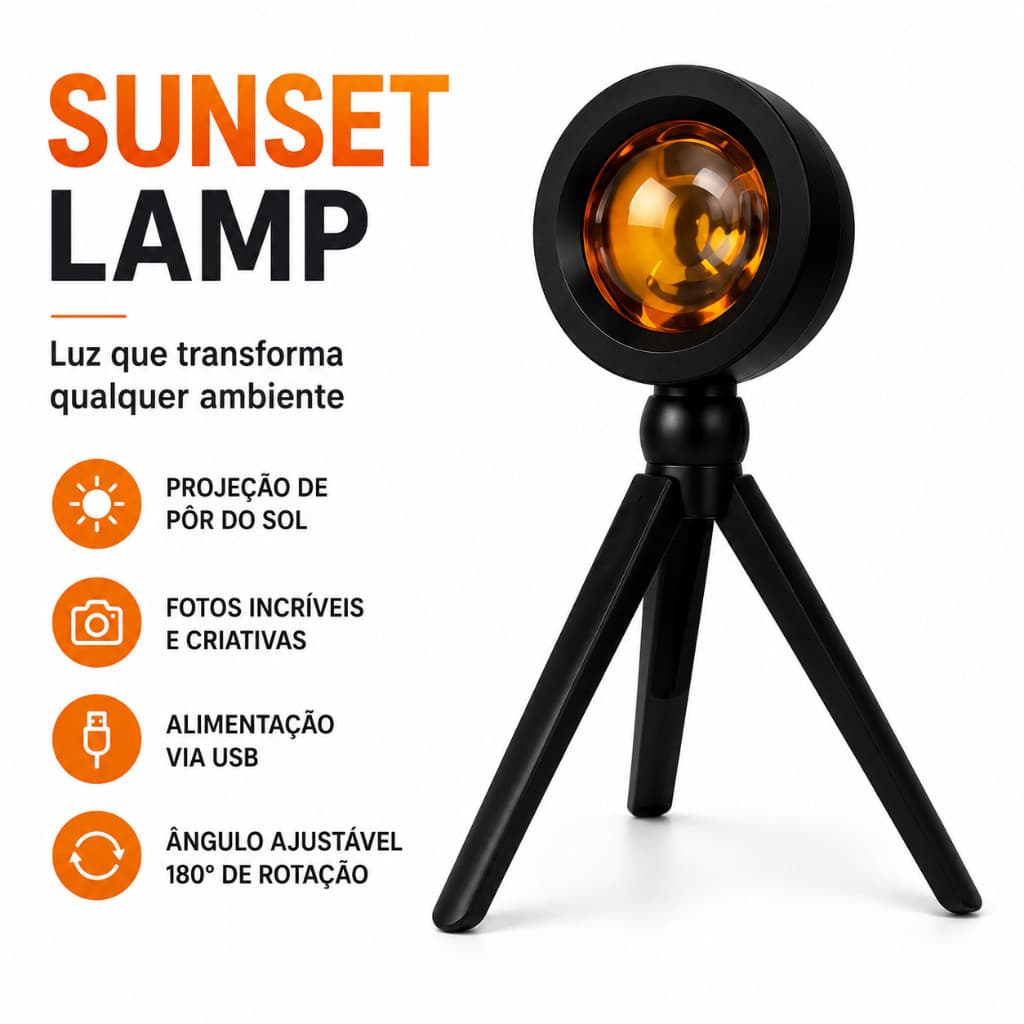 Luminária Sunset Projetor Pôr Do Sol Red com Tripé Regulável e Cabeça Giratória | Iluminação Ambient