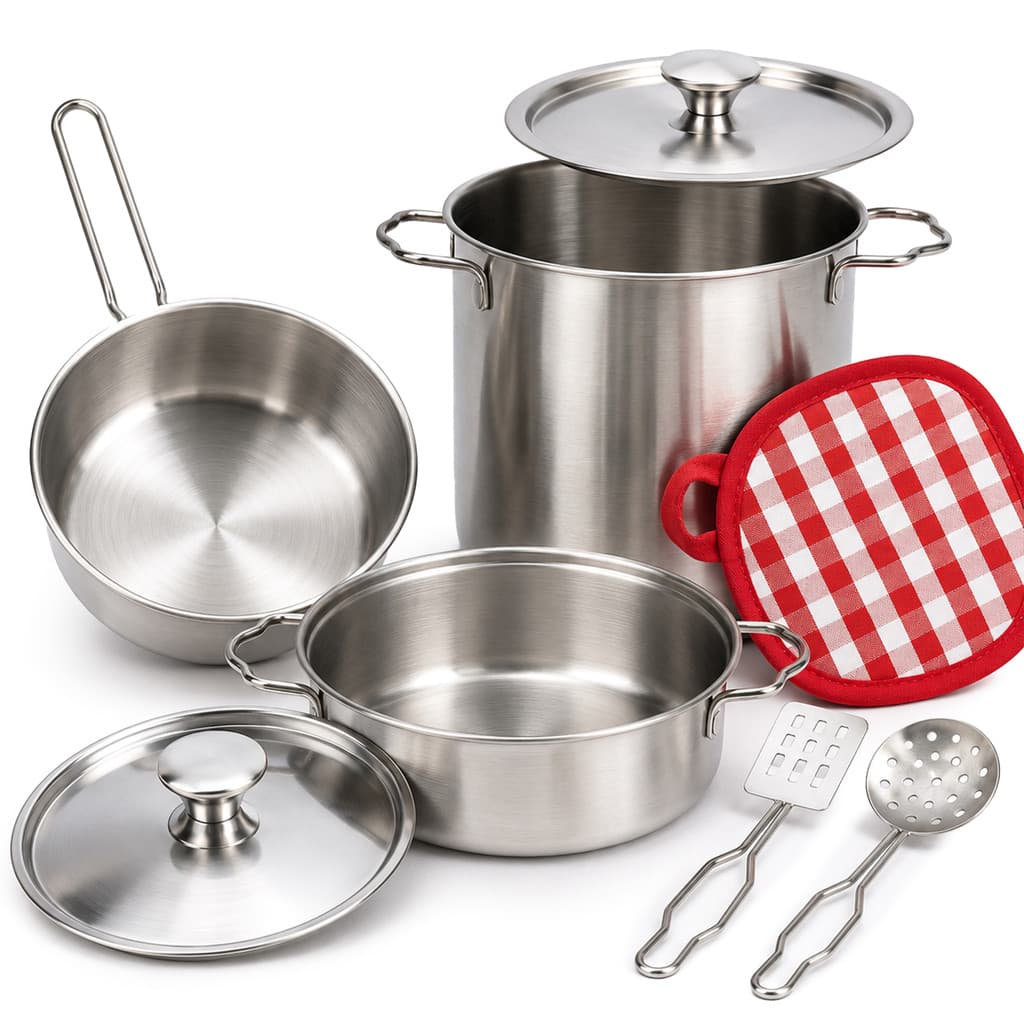 Kit Cozinha Infantil 8 Peças Inox Com 3 Panelas Tampas E Utensílios - DM Toys