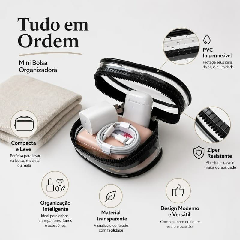 Mini Bolsa Organizadora Transparente para Cabos e Carregadores - Estojo PVC Impermeavel com Gancho - 10.5x6.5cm