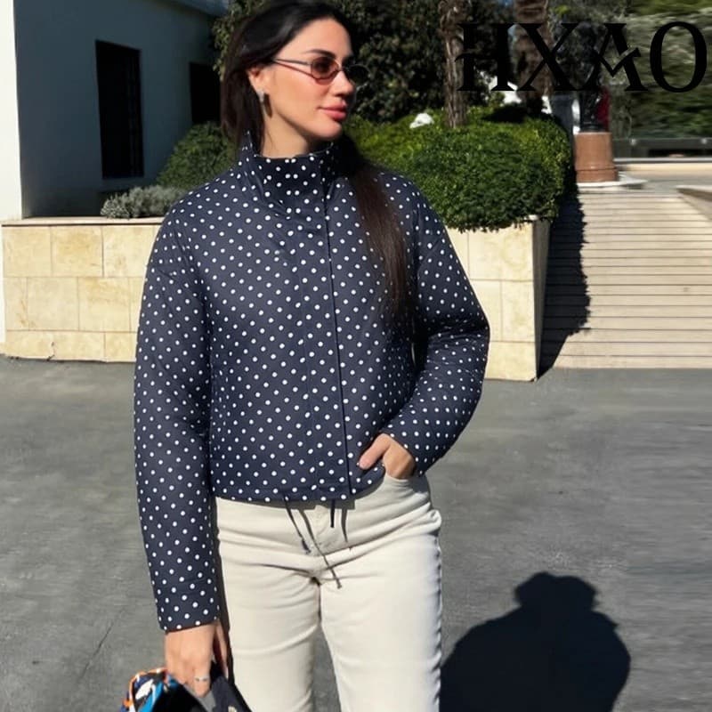 Jaqueta Bomber Feminina Azul HXAO com Poás, Corta-Vento, Jaqueta de Primavera, Casaco Curto, Streetwear, Zíper, Manga Lo