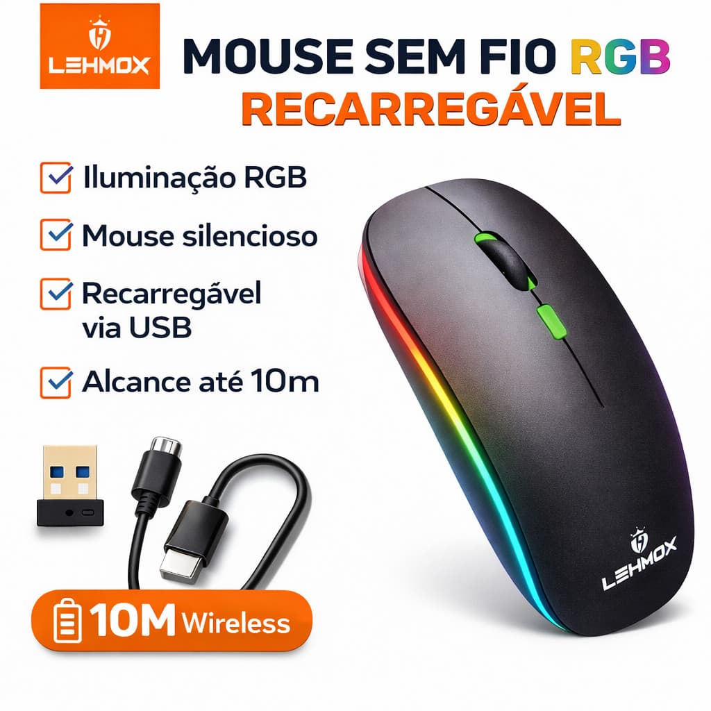 Mouse Sem Fio RGB Recarregável LEHMOX LEY-180