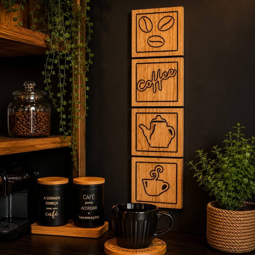 Kit 4 quadros decorativos para cozinha cantinho do café mdf resistente 15 mm