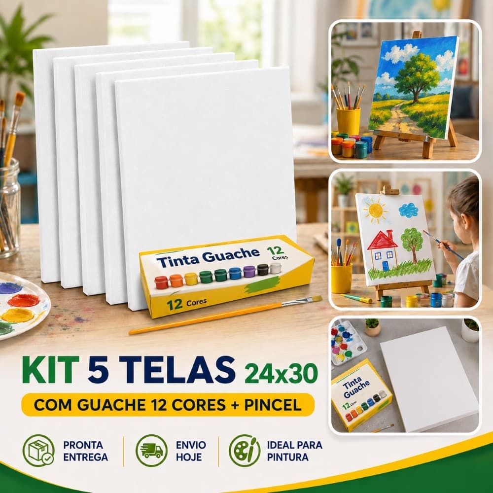 Kit 5 Telas Para Pintura 24x30cm com Tinta Guache 12 Cores e Pincel