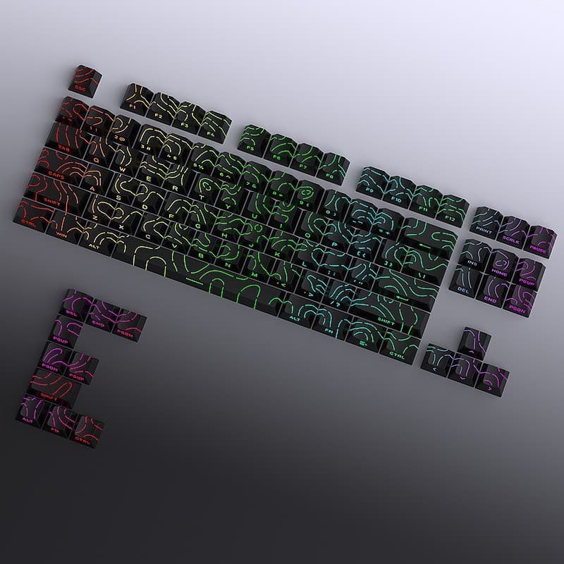 Keycaps Terrain, com linhas de contorno visíveis, material PBT de perfil Cherry, impressão lateral, adequadas para tecla