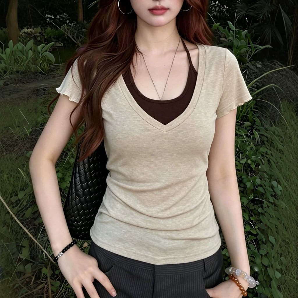 Design sentir falso de duas peças com decote em V de manga curta camiseta feminina 2026 verão novo estilo moda magro-aju