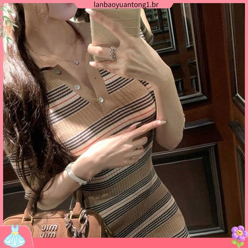 Novo estilo elegante Slim-fit listrado verão lapela mais magro olhar gola polo cintura estreita Kn