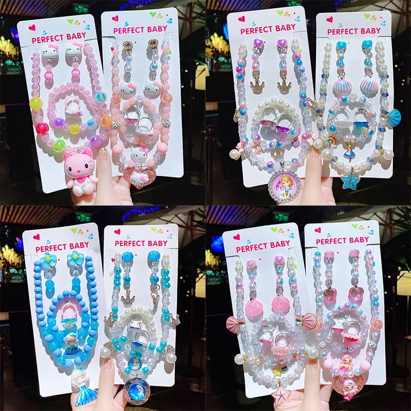 Crianças colar jóias meninas princesa dos desenhos animados anel pulseira conjunto Halter pescoço luminoso cristal frisa