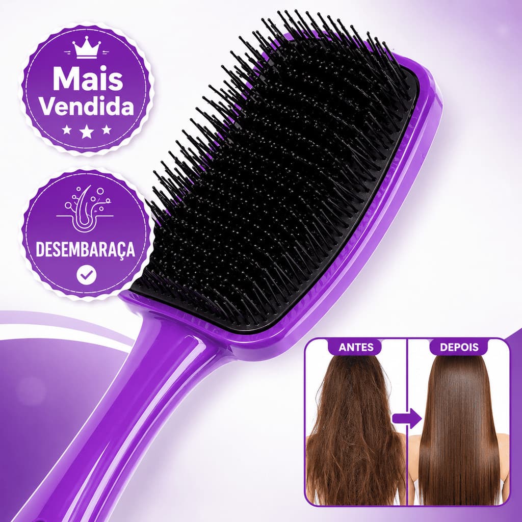 Escova Raquete Curva Grande Cerdas Flexíveis Desembaraça Fácil Reduz Frizz e Quebra