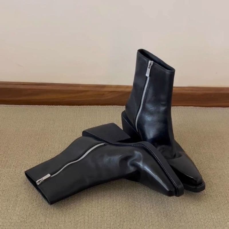 Botas de dedo apontado Retro plissado botas finas zíper lateral elegante salto grosso moda botas curtas