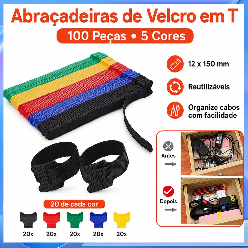Fita de gerenciamento de cabos de Velcro em forma de T 100 braçadeiras de cabo de dados reutilizáveis de cinco cores