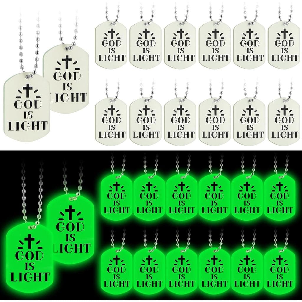 Ecally 24 Pieces Halloween Glow in The Dark Cross Necklace God is Light Necklace Christian Dog Tag Bulk Luminous Cross A