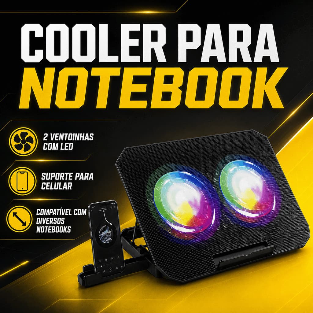 Cooler para Notebook B-MAX BM-765 com 2 Ventoinhas LED, Suporte Ajustável e Apoio para Celular