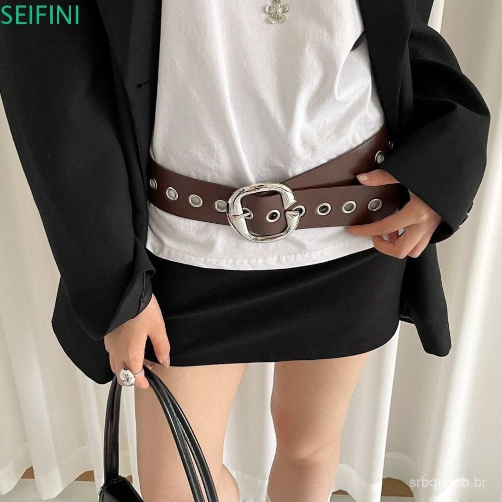 Cinto Largo Feminino SEIFINI , Cintura Vintage De Couro Com Furo De Fileira Dupla , Fivela De Metal , Estilo Punk