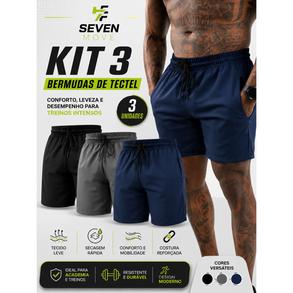 Seven Move Kit 3 Short Masculino Bermuda Microfibra Tactel Elastano Academia Treino Praia Proteção Solar Premium