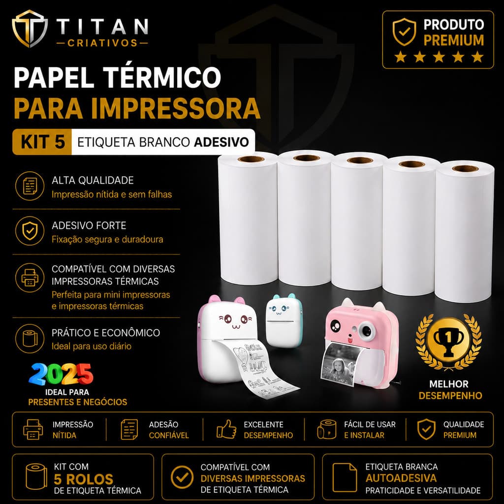 Kit 5 Bobina Etiqueta Térmica Adesiva 57x30mm Branco Mini Impressora