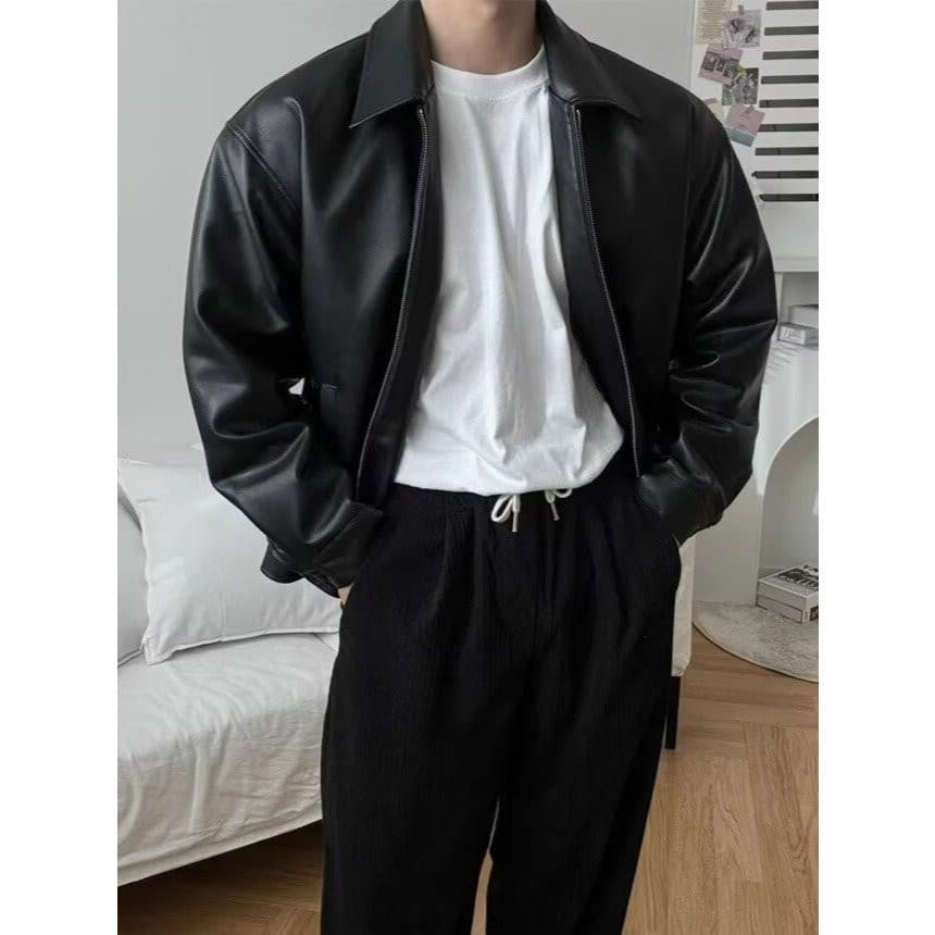 69441 Jaqueta de Couro Puffian com Lapela Solta para Homens, Estilo Retrô Americano, Primavera Outono, Moda Urbana, Moto