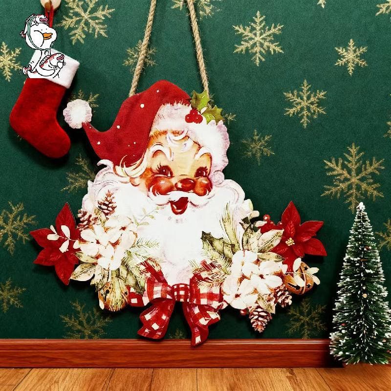 Cabide De Porta De Madeira De Natal Vintage , Sinal 2d Retrô De Papai Noel Com Corda De Juta , Suspensão De Parede De Fé