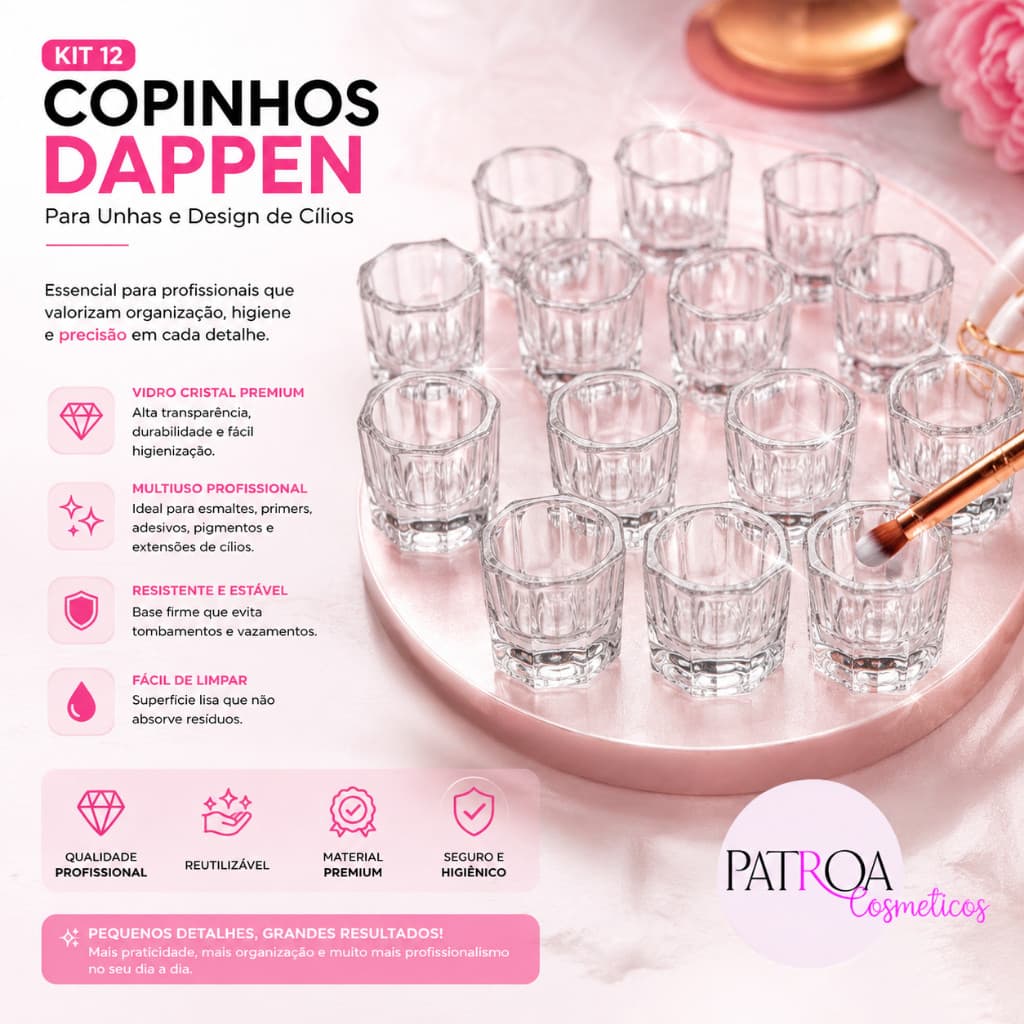 Kit 12 Copinho de Vidro Dappen Para Unha e Design de Cílios e Sobrancelhas Tintura e Henna