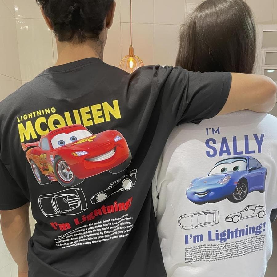 Kit Casal Novo Carros Relâmpago Mcqueen e Sally Camisa Algodão Camisas Unissex Casual