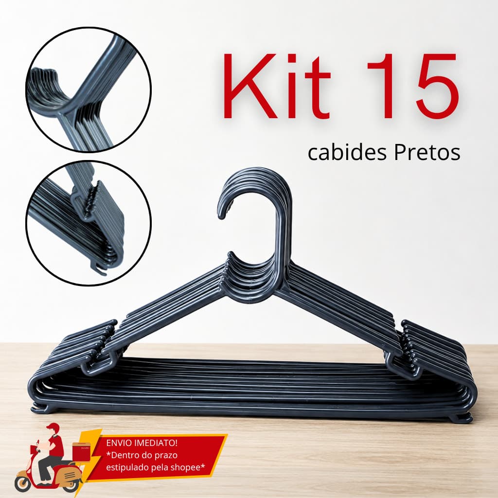 kit 15 cabides resistentes cor preto