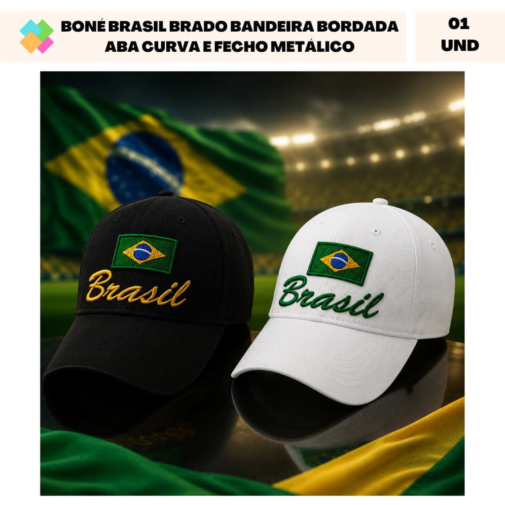 Boné Brasil Brado Bandeira Bordada Aba Curva e Fecho Metálico Unissex (1 Und)