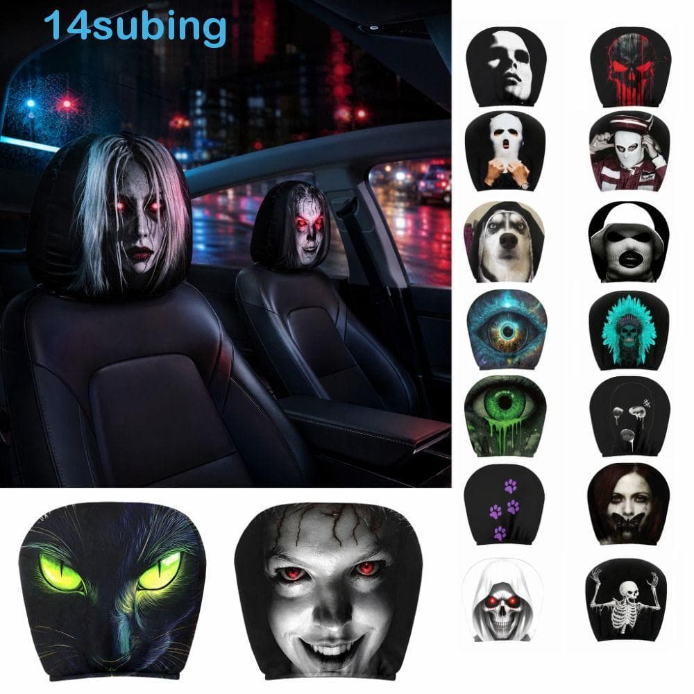 SUBING 2 Peças De Capas De Encosto De Cabeça De Carro , Engraçadas Elásticas 2D , Fronha Elástica De Pescoço Fantasma