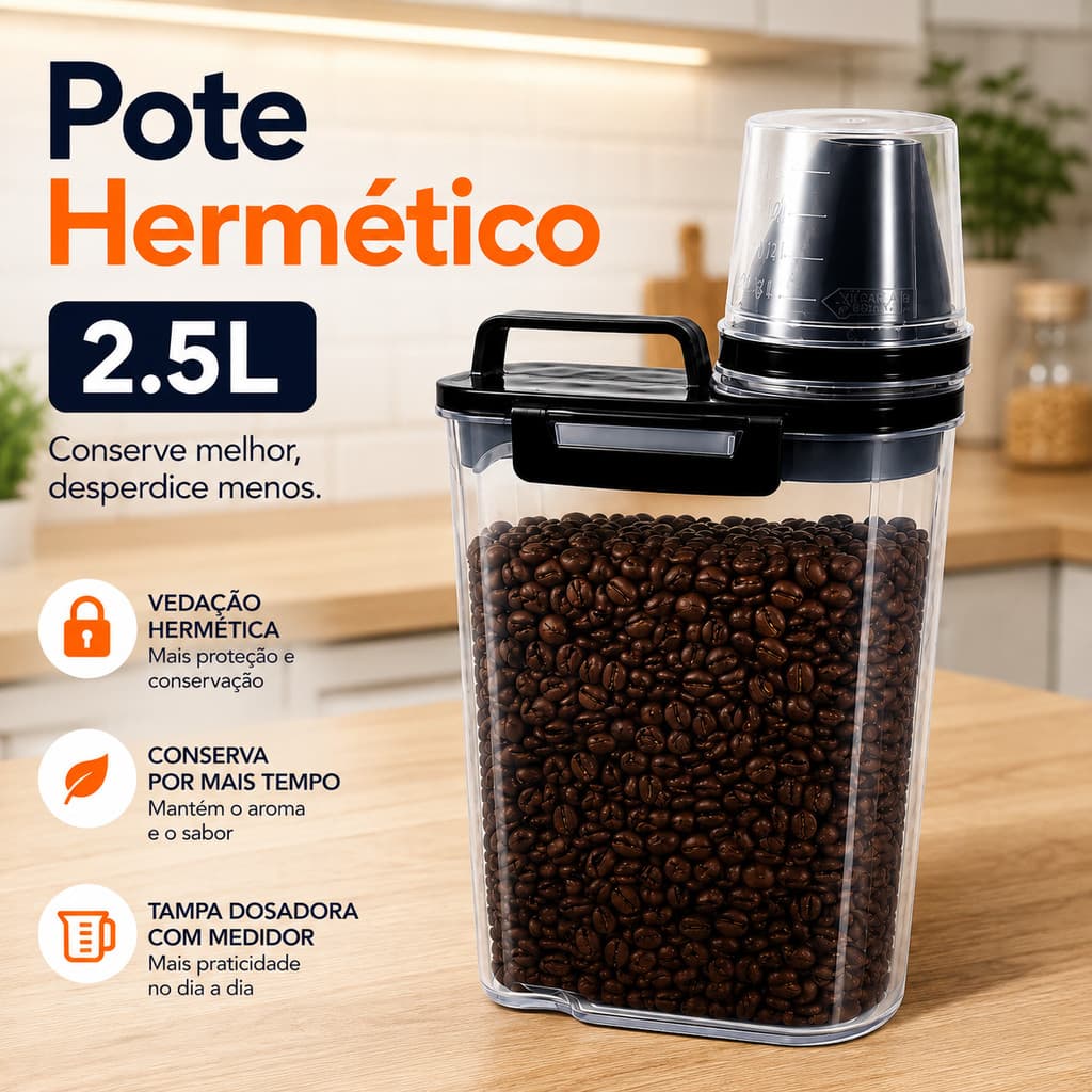 Pote Hermético 2.5L Com Copo Medidor Bico Dosador Cozinha Mantimentos Lavanderia Multiuso Organizado
