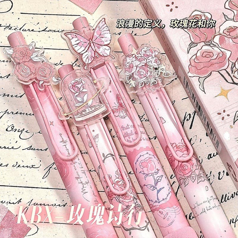 Conjunto de 4 Canetas Gel Rosa Fofas, Adequadas para Escrita Escolar, Cor Cappuccino Mocha Kawaii, Presente de Material