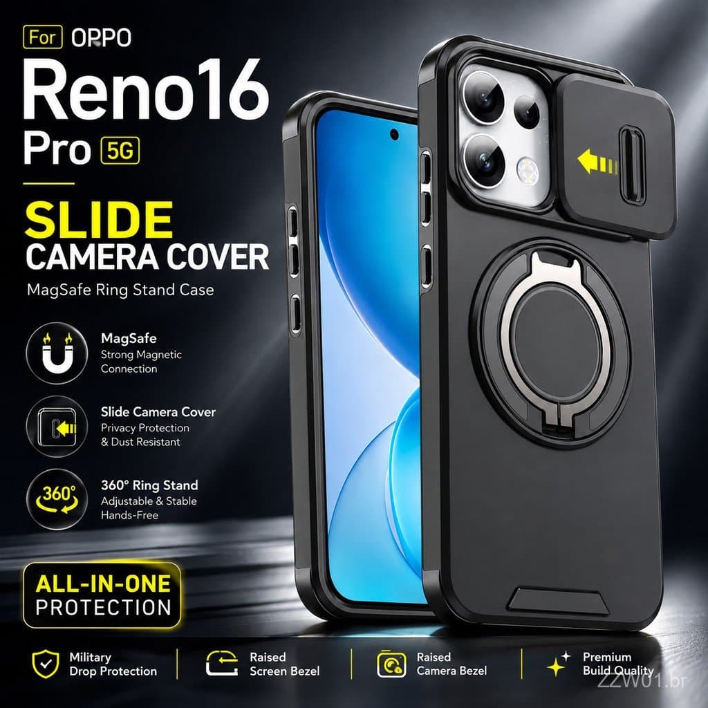 Capa Protetora Resistente a Impactos com Tampa Deslizante para Câmera e Suporte Magnético para OPPO Reno 16 Pro 16 16F 1
