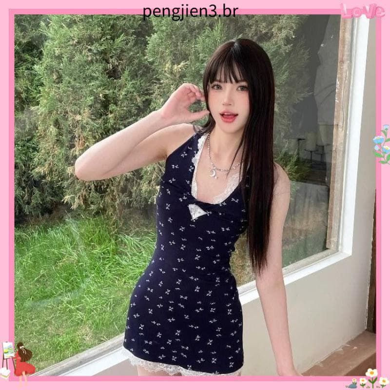 Menina quente renda costura halter pescoço vestido Floral feminino verão halter francês fino ajuste cintura estreita sai