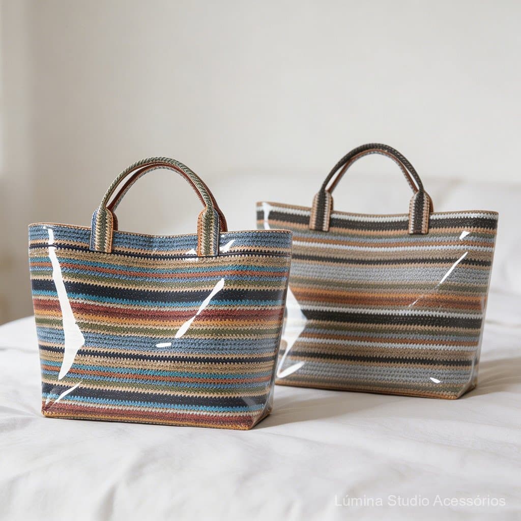 Bolsa de Praia Grande Capacidade em PVC Impermeável Brilhante, Estilo Vintage Listrado, Imitação de Tecido Trançado