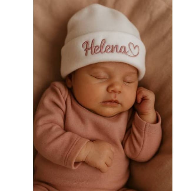 Touca Personalizada Bordada RN com luvinhas para bebê nome Recém Nascido Maternidade