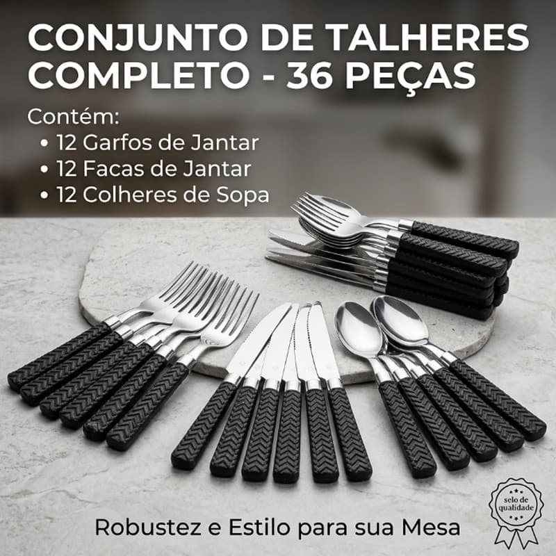 ABC kit talheres Jogo Talheres 36 Peças Garfo Colher Faca Cabo Preto Aço Inox  conjunto de talheres colher de sopa