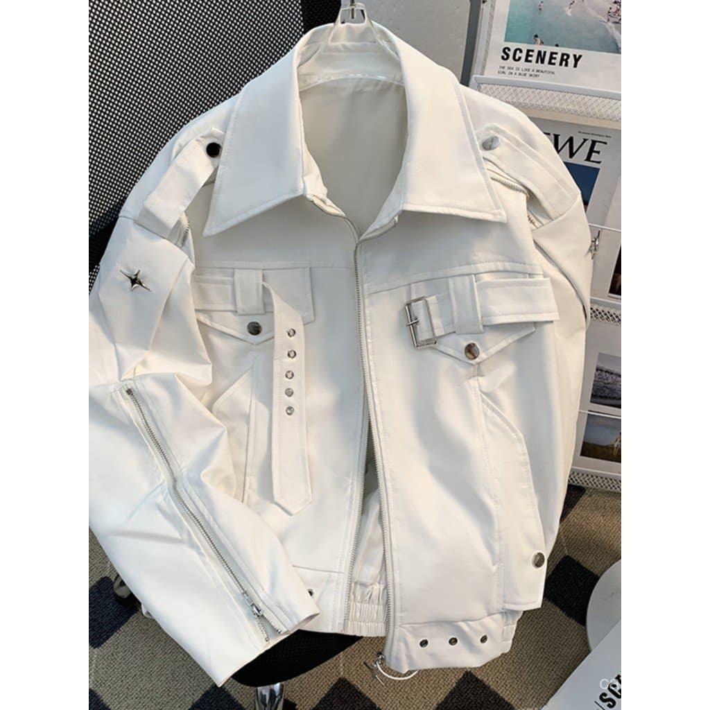 Jaqueta de couro masculina estilo americano, desconstruída, para primavera e outono, corte cleanfit, estilo motociclista