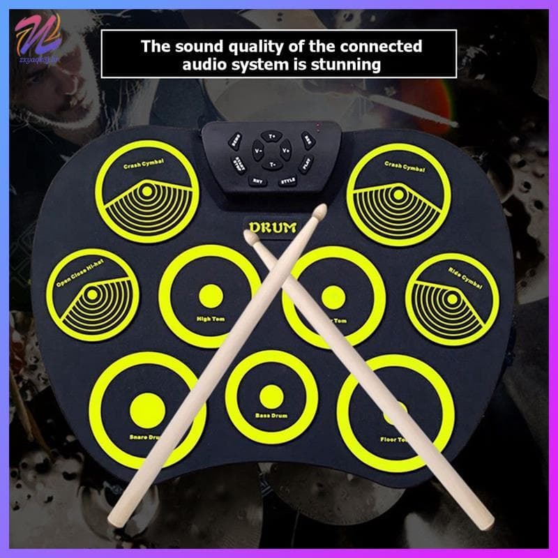 Conjunto De Bateria De Rolo Manual Eletrônica 9 Almofadas Suporta Jogos Com Pedais De Baquetas