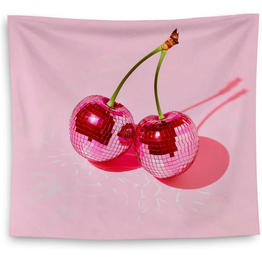 QGFM Preppy Tapestry, Hot Pink Cherry Disco Ball Aesthetic Tapestry Wall Hanging for Teen Girls Room Bedroom College Dor