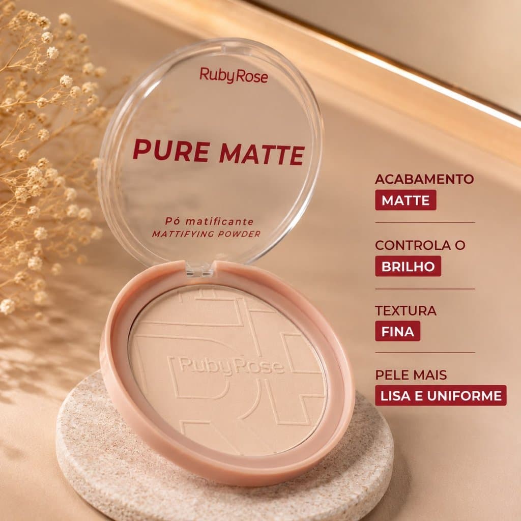 Pó Compacto Matificante PURE MATTE Ruby Rose Linha Rosa Controle de Oleosidade Todas as Peles