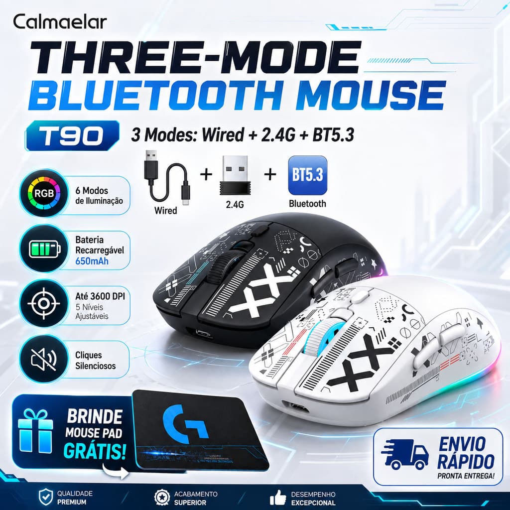 Mouse Gamer Sem Fio Bluetooth RGB Recarregável T90 2.4G USB 3600 DPI Silencioso Ergonômico Com Mouse Pad