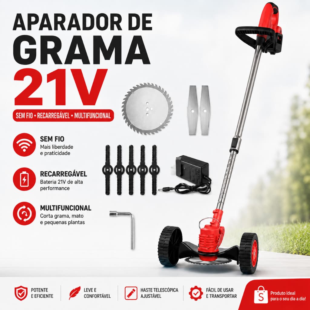 Cortador de Grama Elétrico Retrátil para Jardim com Bateria de Lítio de 21V Máquina Cortadora Sem Fio Portátil