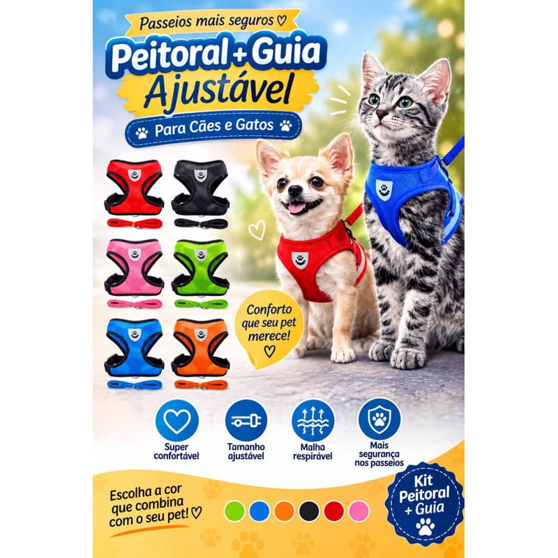 Guia com Coleira de Malha Flexível e Colete Peitoral Ajustável para Cães e Gatos