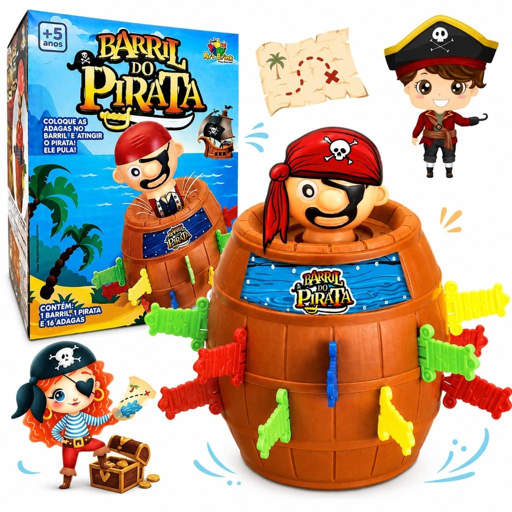 Jogo Pula Pirata Grande Infantil Barril com 16 Espadas Brinquedo Divertido em Família