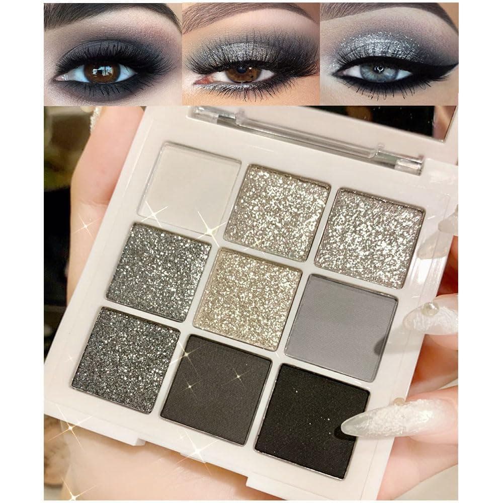evpct Paleta de Sombras com Glitter em 9 Cores Cinza Prateado, Cinza Fumê e Branco Prateado com Brilho e Efeito Shimmer