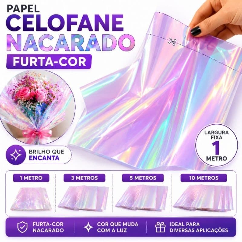 Papel Celofane Nacarado Furta Cor Metro Para Buquê Flores Embalagem Decoração Artesanato Transparente nakarado