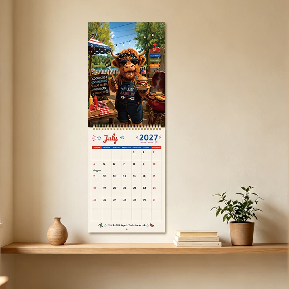 Calendário De Parede Highland-Cow 2027 Suspenso Engraçado Planejador Mensal Ilustrado De Vaca Fofa Para Casa/Escritório