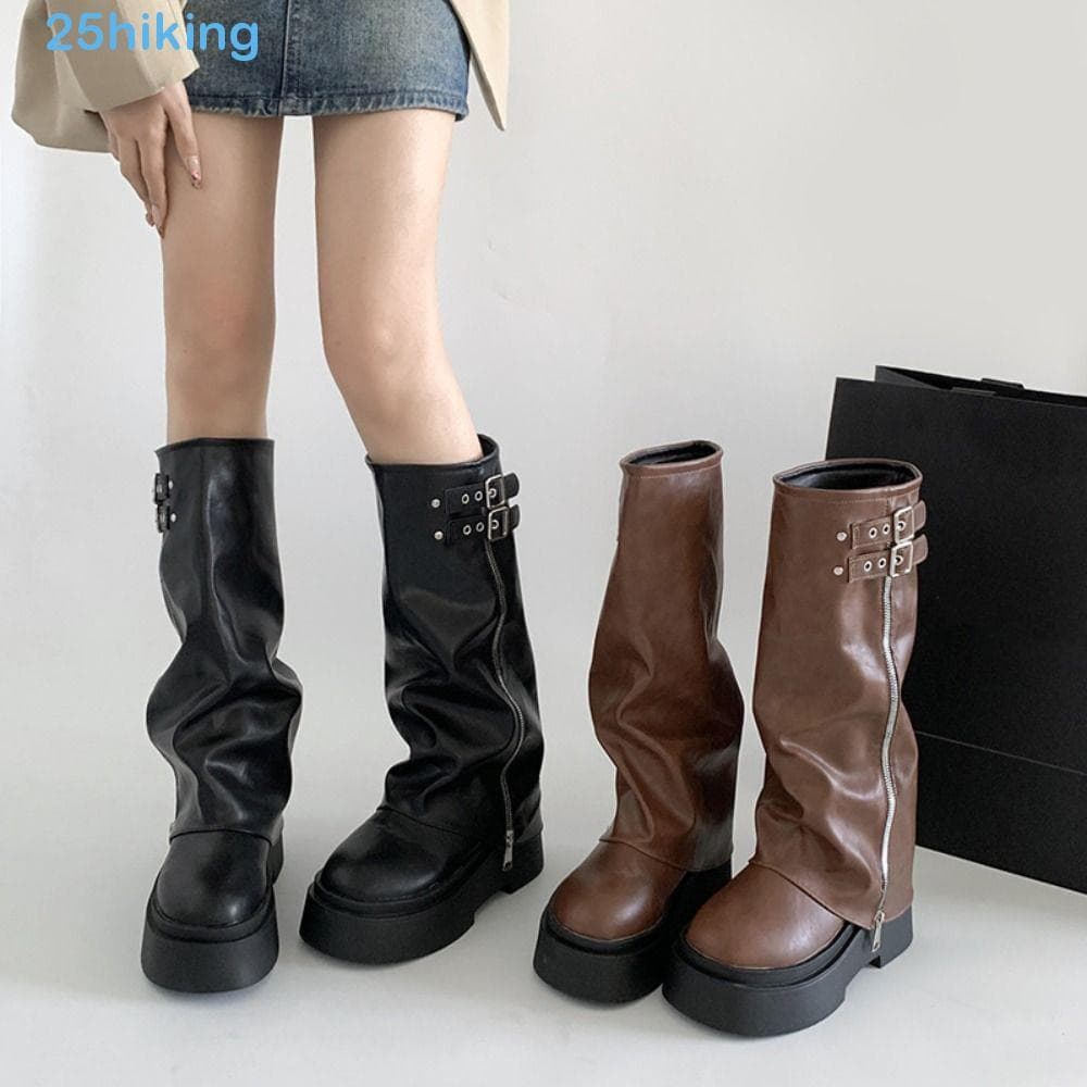 Botas De Motociclista Femininas , Novo Design Plataforma Altas Até O Joelho , Gladiador Y2K Punk Casual Tubo Longo