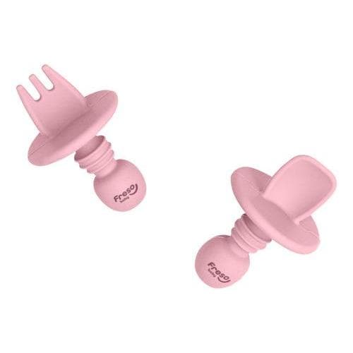 Freso Baby Kit Colher e Garfo de Treinamento com Limitador Alimentação Bebê Silicone Livre BPA Rosa